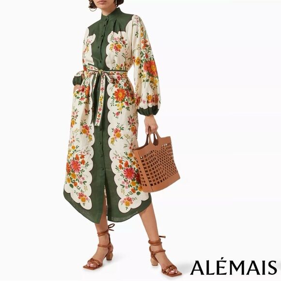 ALÉMAIS *NWT* Elisabetta Belted Forest Green/Cream Floral Linen Midi Shirt Dress - Picture 9 of 15